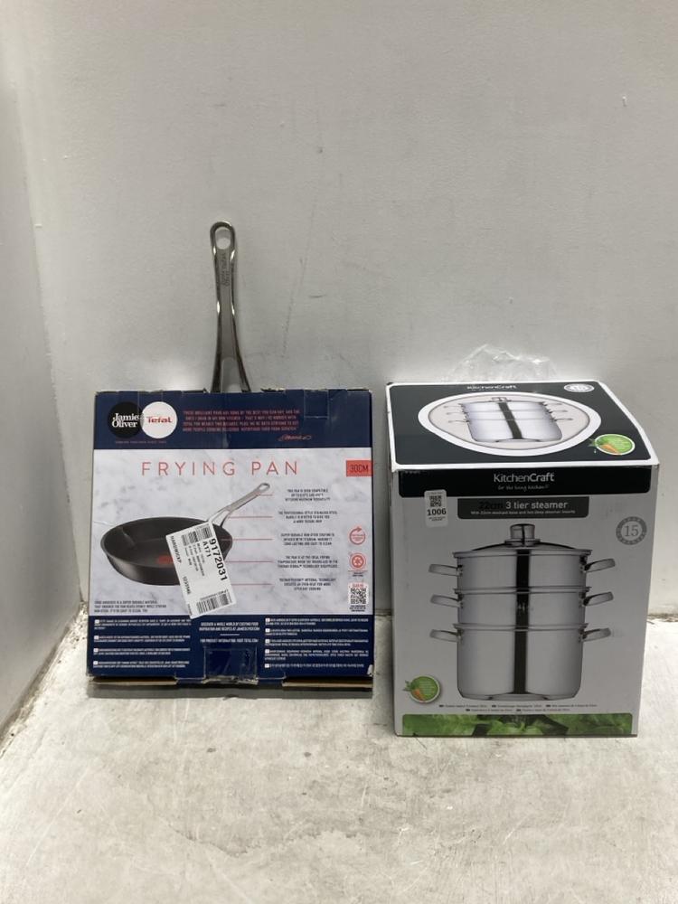 Lot 1006  
            Chesterfield SR47 - Parcel Delivery Only 

                
KITCHENCRAFT 22CM THREE TIER STEAMER TO INCLUDE JAMIE OLIVER X TEFAL 30CM FRYING ...