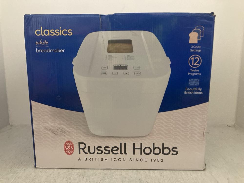Lot 103  
            Chesterfield SR47 - Parcel Delivery Only 

                
RUSSELL HOBBS CLASSICS BREADMAKER IN WHITE (LOCATION: A2)