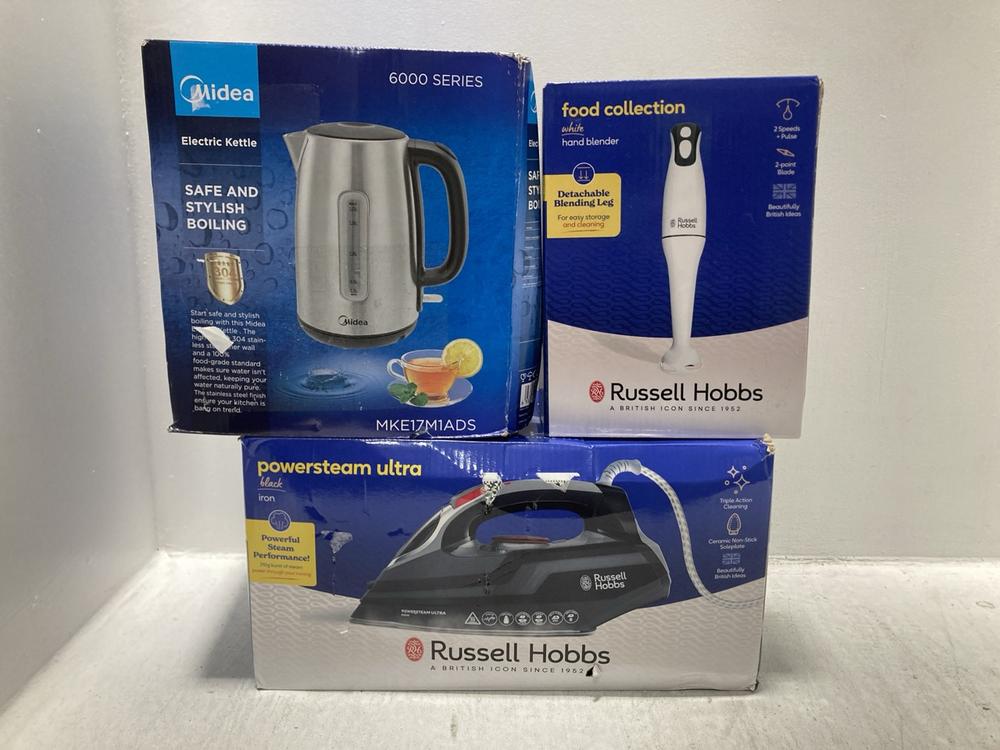 Lot 1058  
            Chesterfield SR47 - Parcel Delivery Only 

                
3 X ASSORTED KITCHEN APPLIANCES TO INCLUDE MIDEA 6000 SERIES 1.7L KETTLE (LOCATIO...