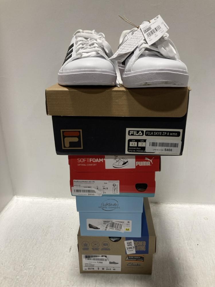 Lot 1063  
            Chesterfield SR47 - Parcel Delivery Only 

                
5 X ASSORTED ADULTS BRANDED FOOTWEAR TO INCLUDE ADIDAS GRAND COURT BASE 2 TRAINER...