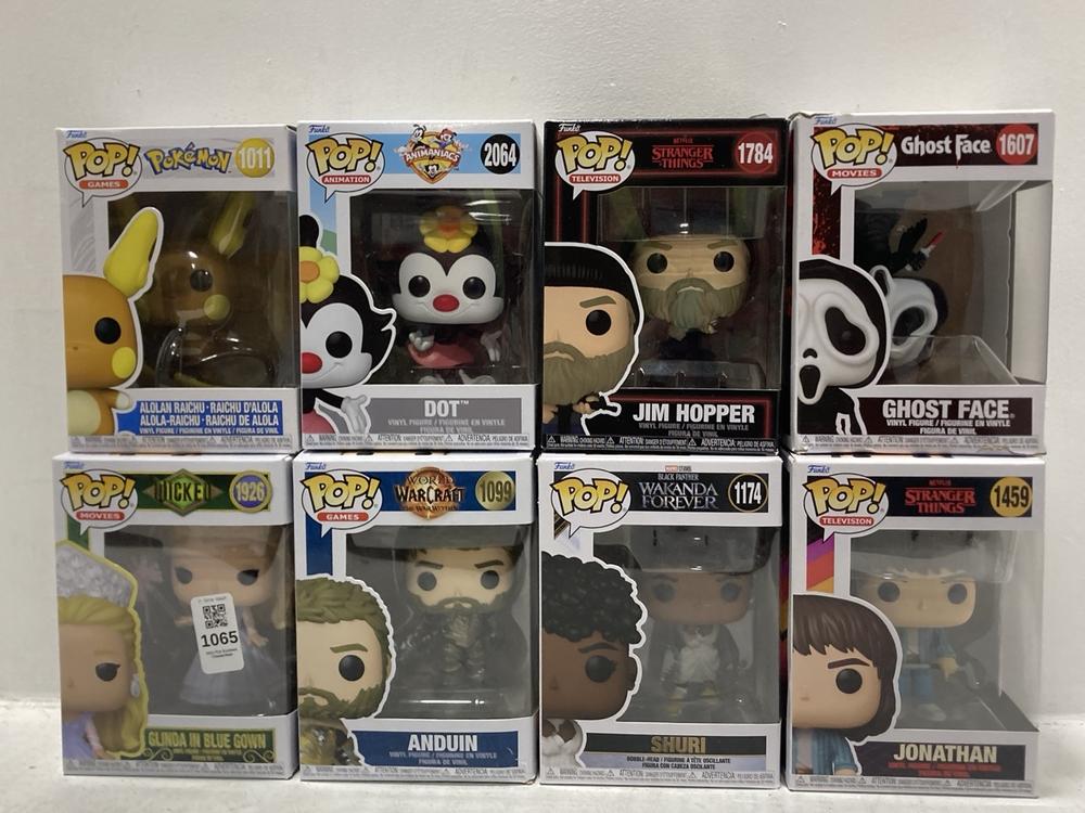 Lot 1065  
            Chesterfield SR47 - Parcel Delivery Only 

                
8 X ASSORTED FUNKO POP VINYL FIGURES TO INCLUDE FUNKO POP 1784 STRANGER THINGS JI...