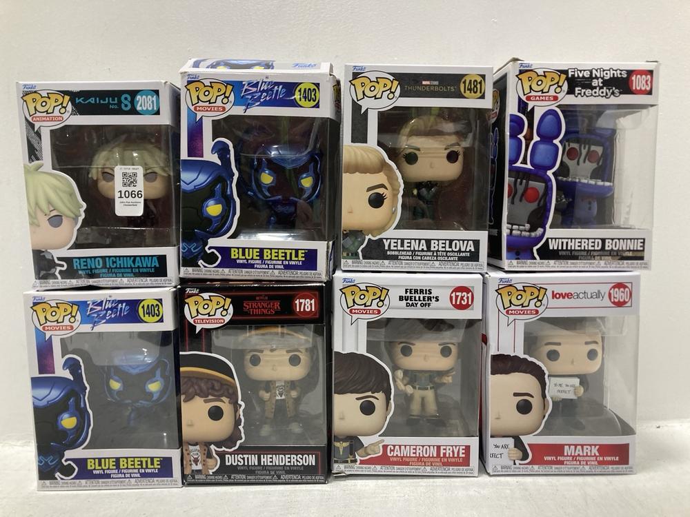 Lot 1066  
            Chesterfield SR47 - Parcel Delivery Only 

                
8 X ASSORTED FUNKO POP VINYL FIGURES TO INCLUDE FUNKO POP 1781 STRANGER THINGS DU...
