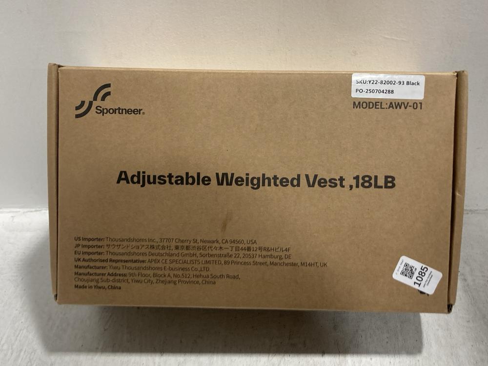 Lot 1085  
            Chesterfield SR47 - Parcel Delivery Only 

                
SPORTNEER ADJUSTABLE 18LB WEIGHTED VEST. (LOCATION: D10)