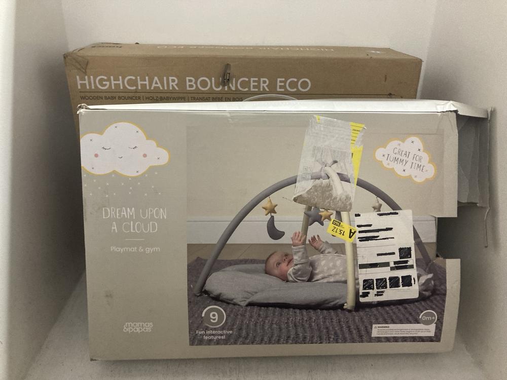 Lot 120  
            Chesterfield SR47 - Parcel Delivery Only 

                
HAUCK HIGHCHAIR BOUNCER ECO TO INCLUDE MAMAS AND PAPAS DREAM UPON A CLOUD PLAYMAT...