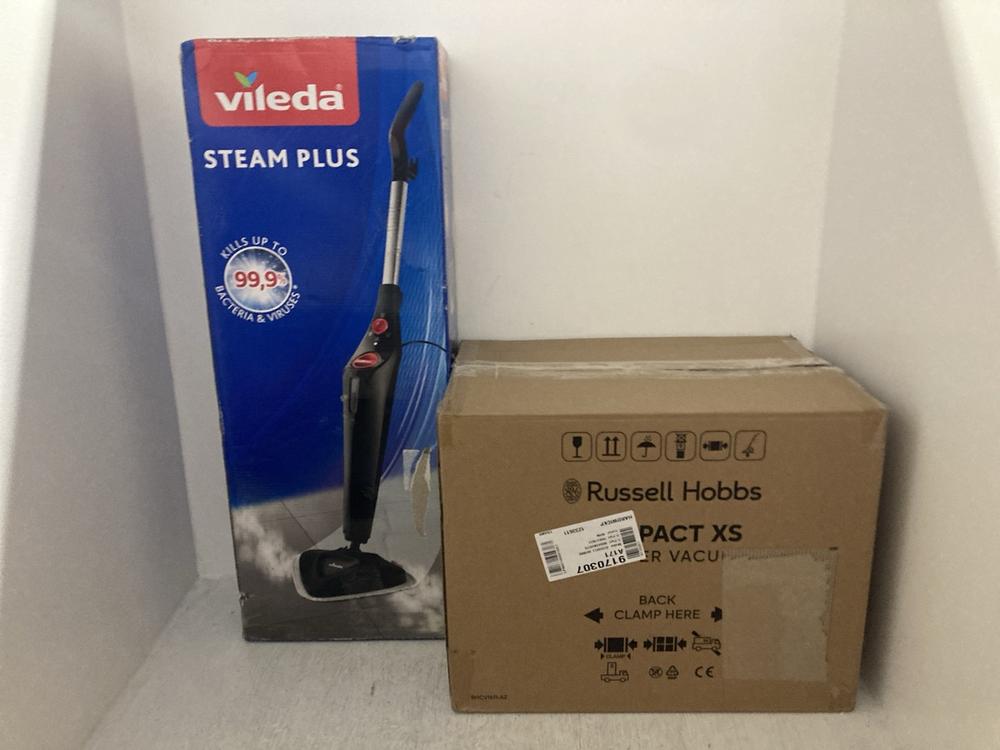 Lot 121  
            Chesterfield SR47 - Parcel Delivery Only 

                
RUSSELL HOBBS COMPACT XS CYLINDER VACUUM CLEANER TO INCLUDE VILEDA STEAM PLUS STE...
