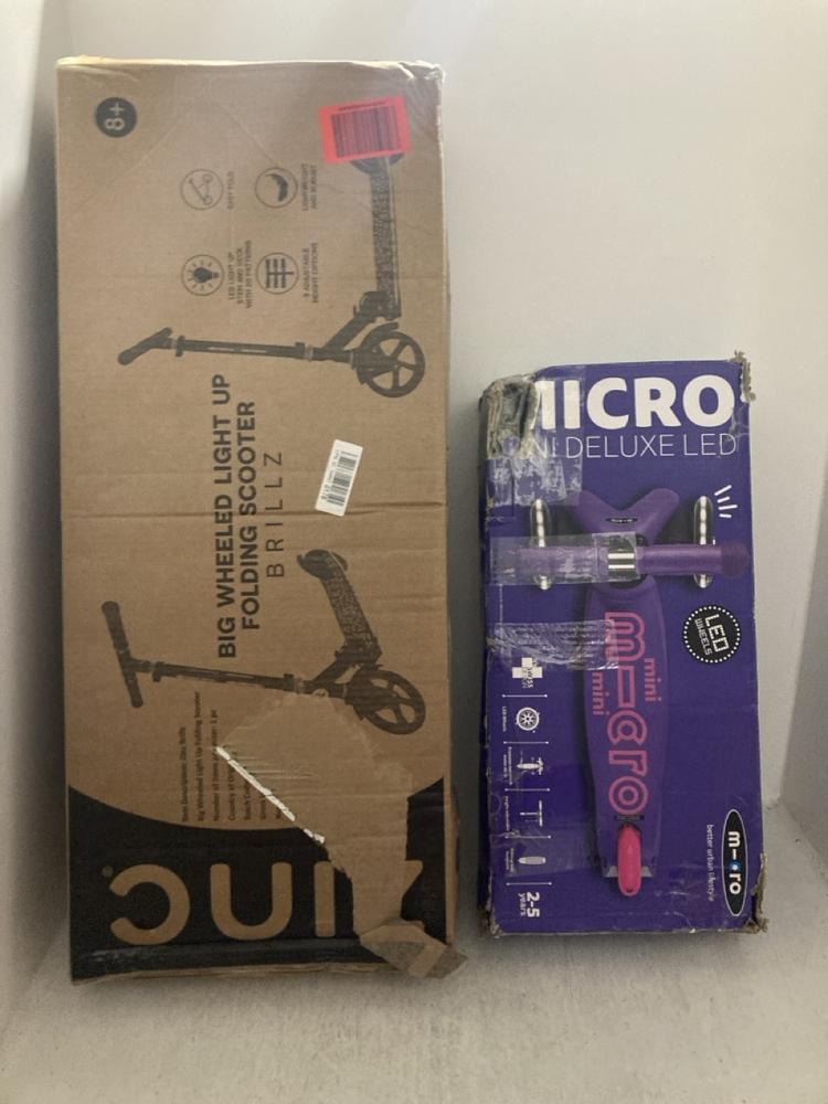 Lot 122  
            Chesterfield SR47 - Parcel Delivery Only 

                
MICRO SCOOTER MINI DELUXE LED SCOOTER TO INCLUDE ZINC BRILLZ BIG WHEELED LIGHT UP...