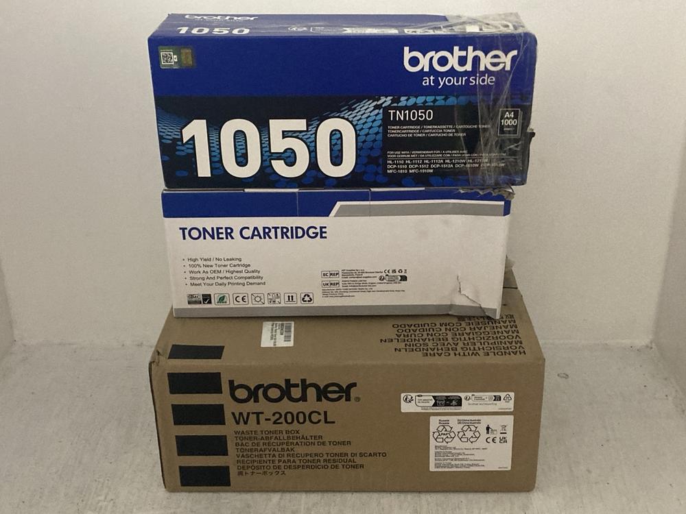 Lot 132  
            Chesterfield SR47 - Parcel Delivery Only 

                
3 X ASSORTED TONER CARTRIDGES TO INCLUDE BROTHER TN1050 BLACK TONER CARTRIDGE (LO...