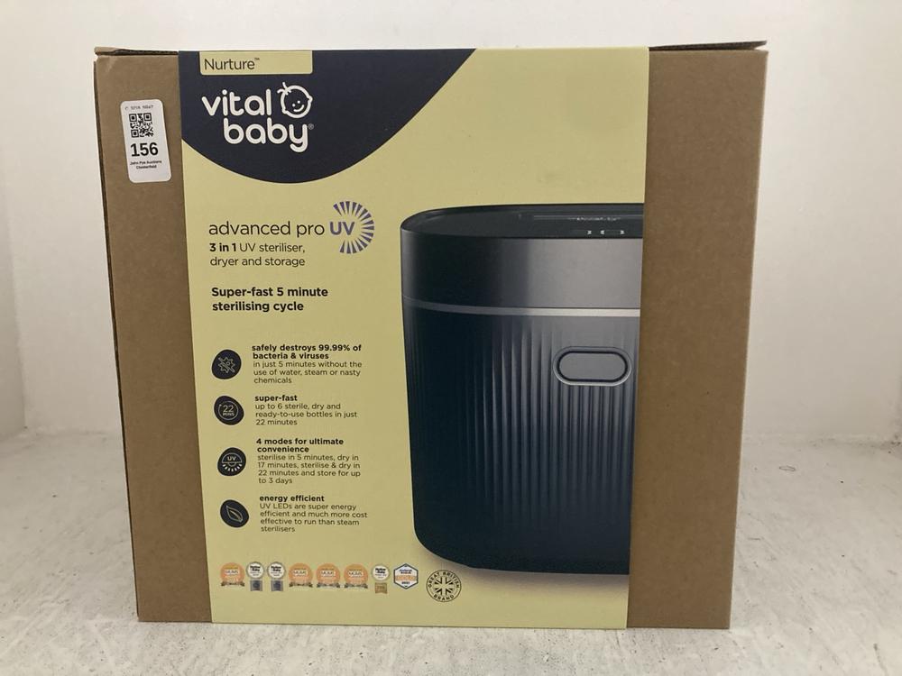 Lot 156  
            Chesterfield SR47 - Parcel Delivery Only 

                
VITAL BABY NURTURE ADVANCED PRO UV STERILISER ORIGINAL RRP £139 (LOCATION: A4)