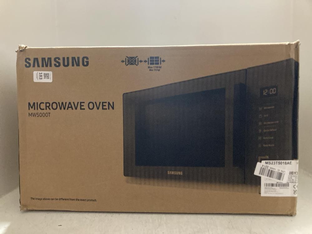 Lot 183  
            Chesterfield SR47 - Parcel Delivery Only 

                
SAMSUNG 23L 800W MICROWAVE OVEN - MODEL NO. MS23T5018AE ORIGINAL RRP £179 (LOCATI...