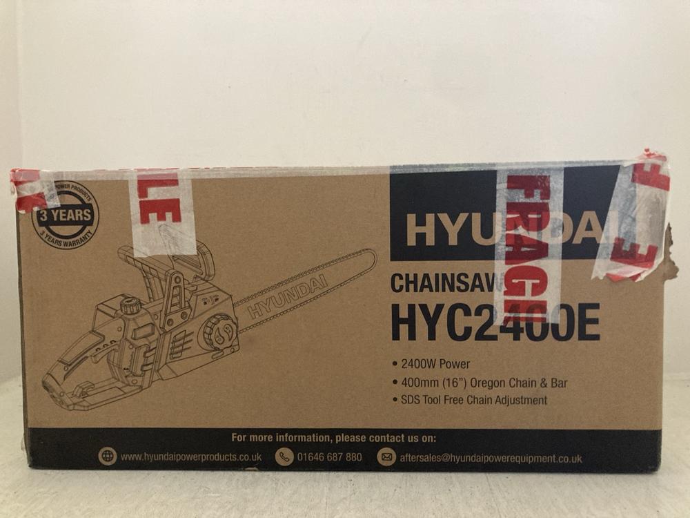Lot 196  
            Chesterfield SR47 - Parcel Delivery Only 

                
HYUNDAI 16" 40CM ELECTRIC CHAINSAW - MODEL NO. HYC2400E ORIGINAL RRP £100 (LOCATI...