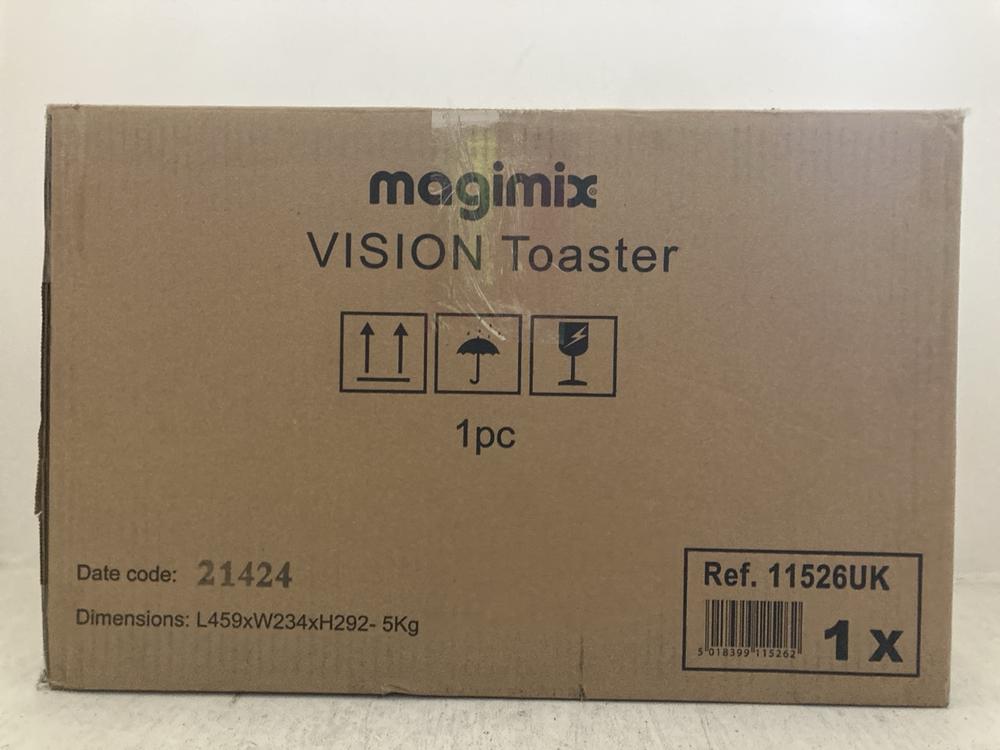Lot 198  
            Chesterfield SR47 - Parcel Delivery Only 

                
MAGIMIX VISION SEE THROUGH TWO SLICE GLASS TOASTER ORIGINAL RRP £180 (LOCATION: A6)