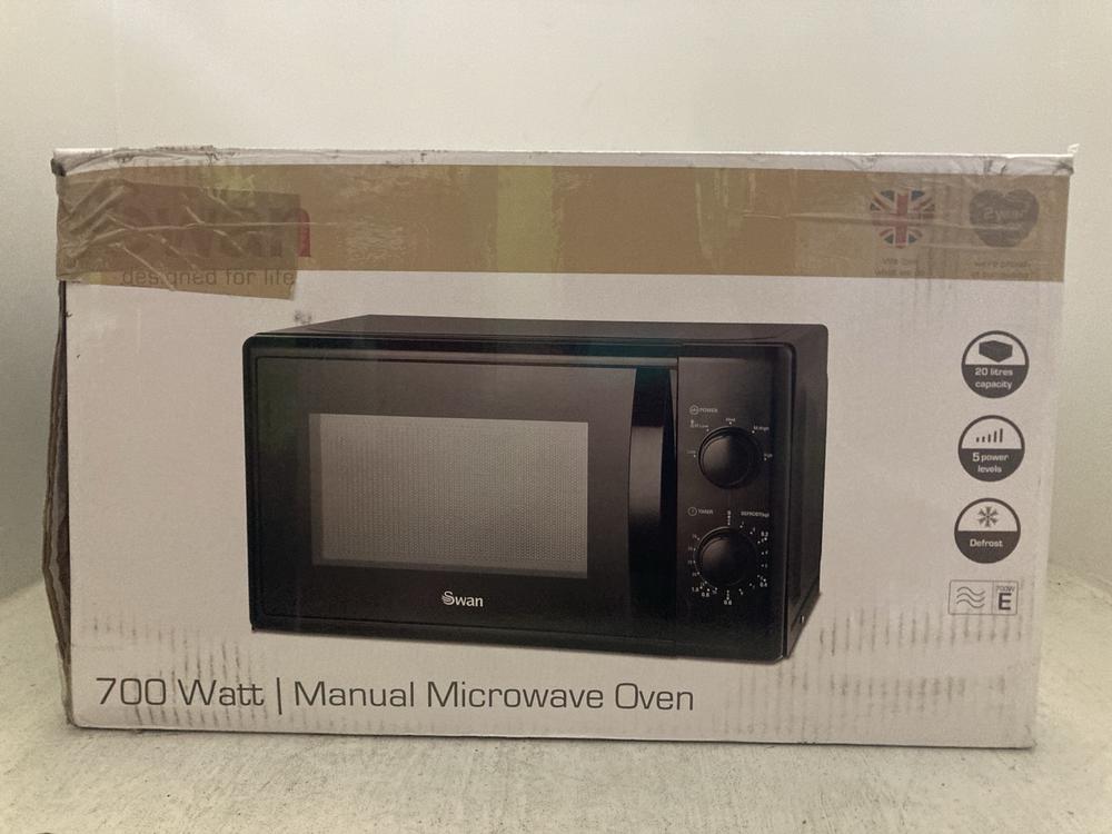 Lot 202  
            Chesterfield SR47 - Parcel Delivery Only 

                
SWAN 20L 700W MICROWAVE OVEN - MODEL NO. SM4420BLK (LOCATION: A6)