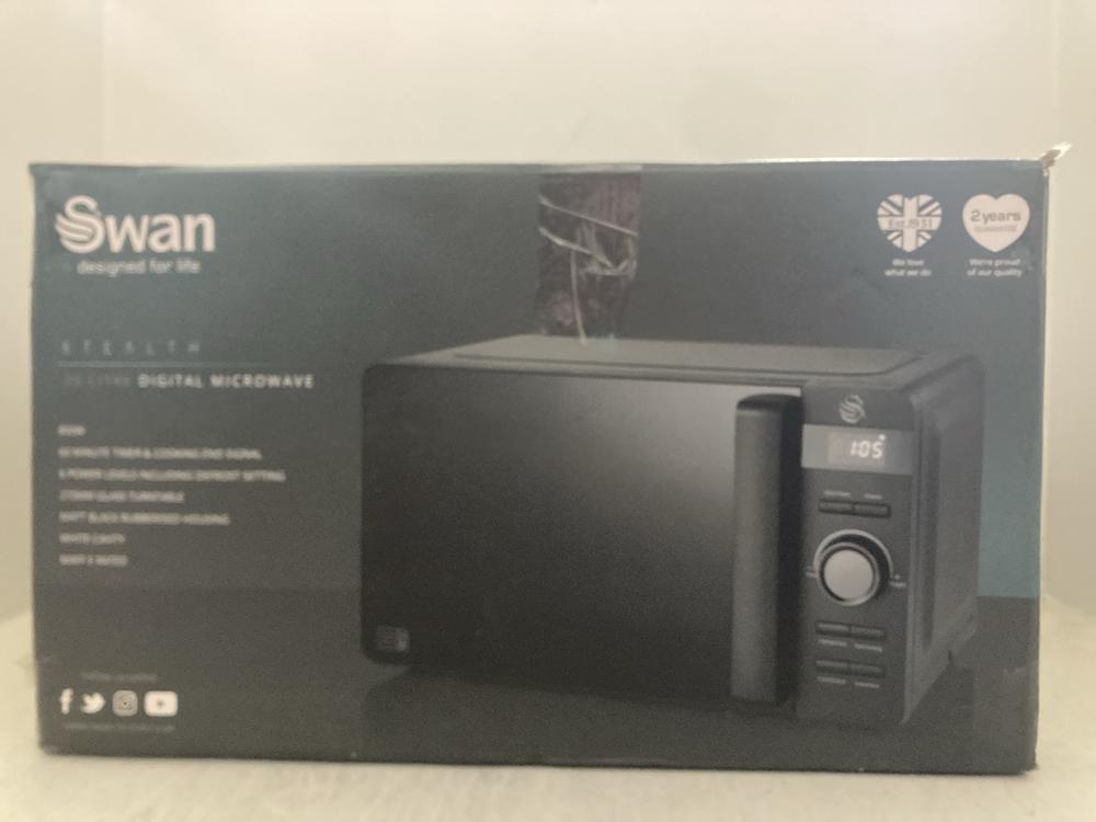 Lot 209  
            Chesterfield SR47 - Parcel Delivery Only 

                
SWAN STEALTH 20L 800W DIGITAL MICROWAVE OVEN (LOCATION: A6)