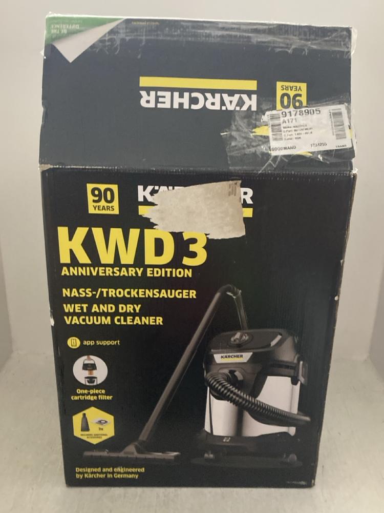 Lot 234  
            Chesterfield SR47 - Parcel Delivery Only 

                
KARCHER KWD 3 WET AND DRY VACUUM CLEANER (LOCATION: A7)