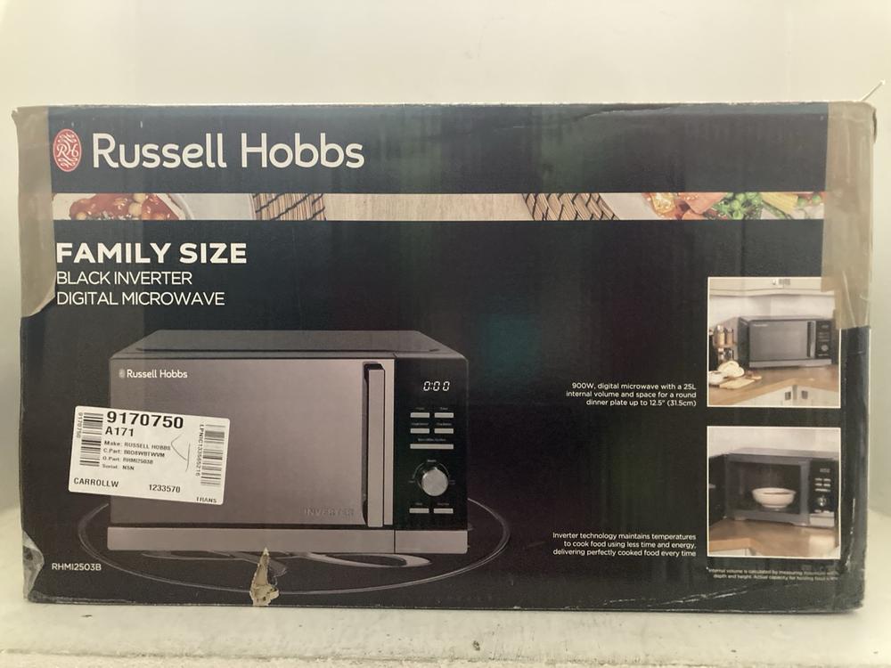 Lot 235  
            Chesterfield SR47 - Parcel Delivery Only 

                
RUSSELL HOBBS 25L 900W MICROWAVE OVEN ORIGINAL RRP £119 - MODEL NO. RHM12503B (LO...