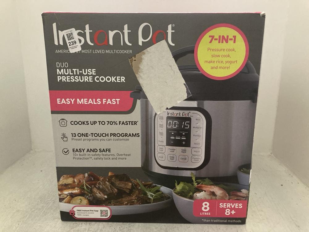 Lot 239  
            Chesterfield SR47 - Parcel Delivery Only 

                
INSTANT POT 8L DUO MULTI USE PRESSURE COOKER ORIGINAL RRP £109 (LOCATION: A8)