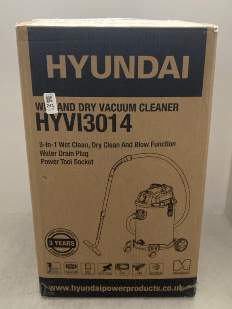 Lot 241  
            Chesterfield SR47 - Parcel Delivery Only 

                
HYUNDAI WET AND DRY VACUUM CLEANER - MODEL NO. HYVI3014 (LOCATION: A8)
