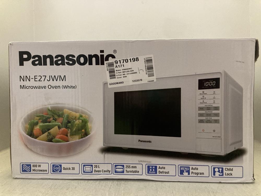 Lot 272  
            Chesterfield SR47 - Parcel Delivery Only 

                
PANASONIC 20L 800W MICROWAVE OVEN ORIGINAL RRP £99 - MODEL NO. NN-E27JWM (LOCATIO...