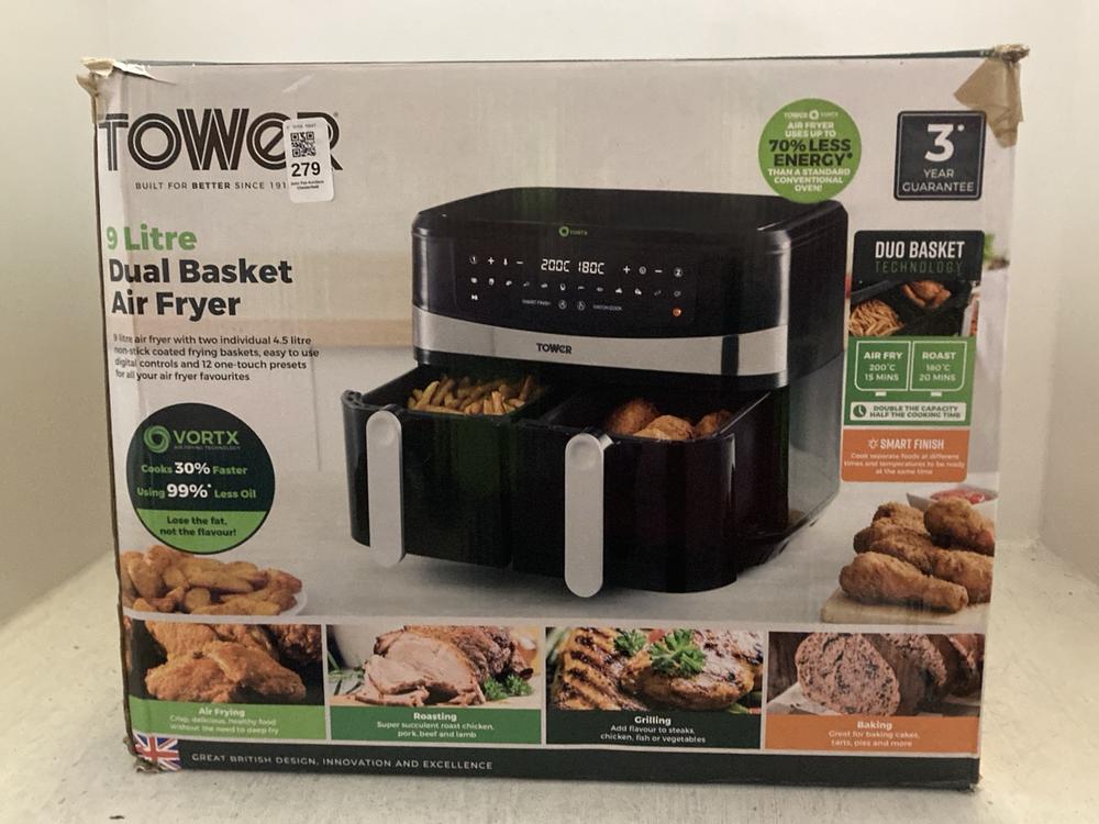 Lot 279  
            Chesterfield SR47 - Parcel Delivery Only 

                
TOWER 9L DUAL BASKET AIR FRYER (LOCATION: A9)