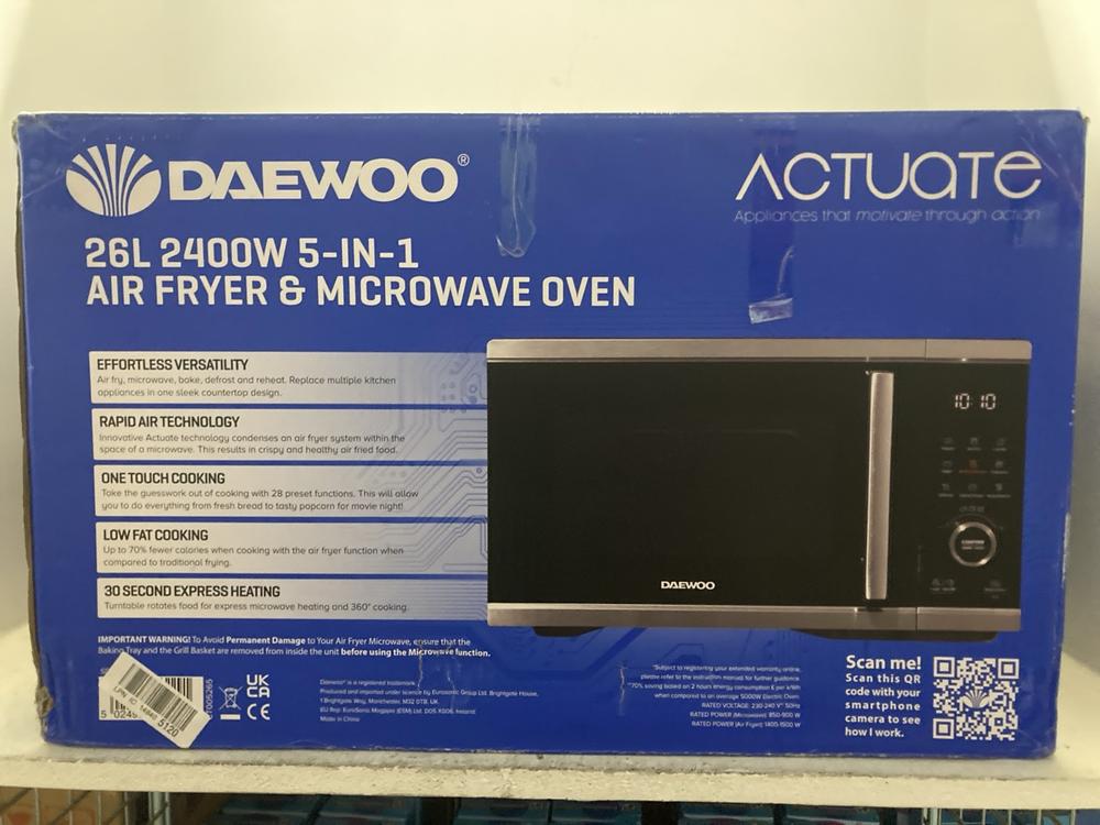 Lot 281  
            Chesterfield SR47 - Parcel Delivery Only 

                
DAEWOO 26L 2400W 5 IN 1 AIR FRYER AND MICROWAVE OVEN ORIGINAL RRP £230 (LOCATION:...