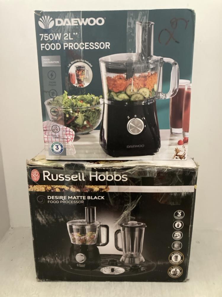 Lot 286  
            Chesterfield SR47 - Parcel Delivery Only 

                
RUSSELL HOBBS FOOD PROCESSOR TO INCLUDE DAEWOO 750W 2L FOOD PROCESSOR (LOCATION: ...