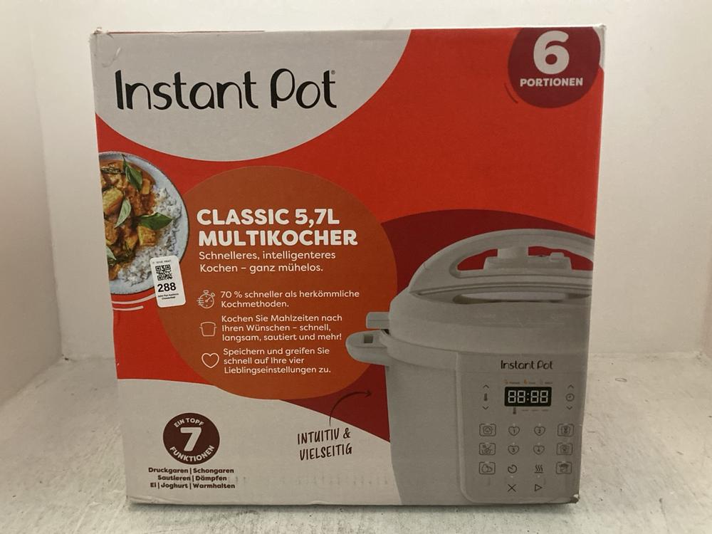 Lot 288  
            Chesterfield SR47 - Parcel Delivery Only 

                
INSTANT POT CLASSIC 5.7L MULTICOOKER ORIGINAL RRP £100 (LOCATION: A10)