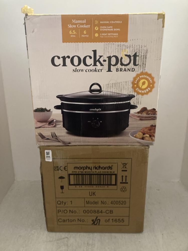 Lot 305  
            Chesterfield SR47 - Parcel Delivery Only 

                
MORPHY RICHARDS MIXSTAR COMPACT STAND MIXER TO INCLUDE CROCK POT 6.5L MANUAL SLOW...
