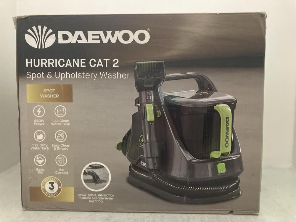 Lot 308  
            Chesterfield SR47 - Parcel Delivery Only 

                
DAEWOO HURRICANE CAT 2 SPOT AND UPHOLSTERY WASHER ORIGINAL RRP £159 (LOCATION: A11)