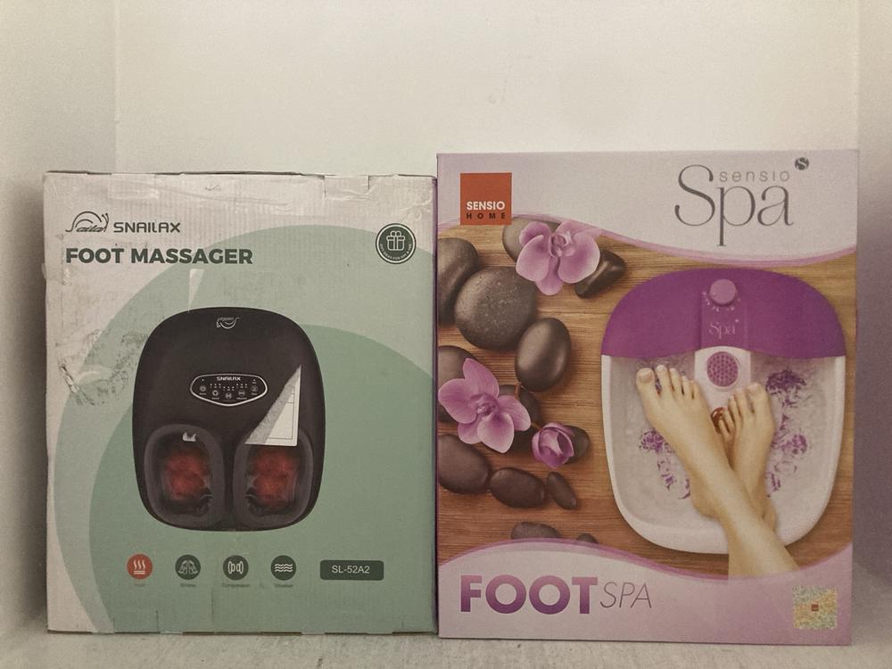 Lot 310  
            Chesterfield SR47 - Parcel Delivery Only 

                
SNAILAX SHIATSU FOOT MASSAGER WITH HEAT - MODEL NO. SL-52A2 TO INCLUDE SENSIO SPA...