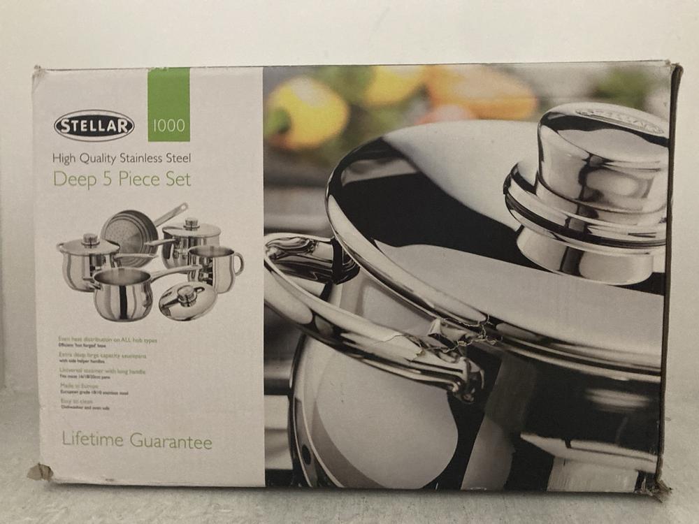 Lot 313  
            Chesterfield SR47 - Parcel Delivery Only 

                
STELLAR 1000 DEEP 5 PIECE SAUCEPAN SET ORIGINAL RRP £286 (LOCATION: A11)