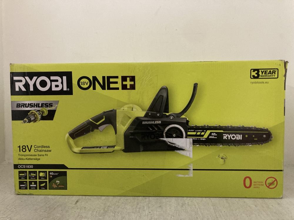 Lot 331  
            Chesterfield SR47 - Parcel Delivery Only 

                
RYOBI ONE PLUS 18V CORDLESS CHAINSAW ORIGINAL RRP £199 - MODEL NO. OCS1830 (LOCAT...