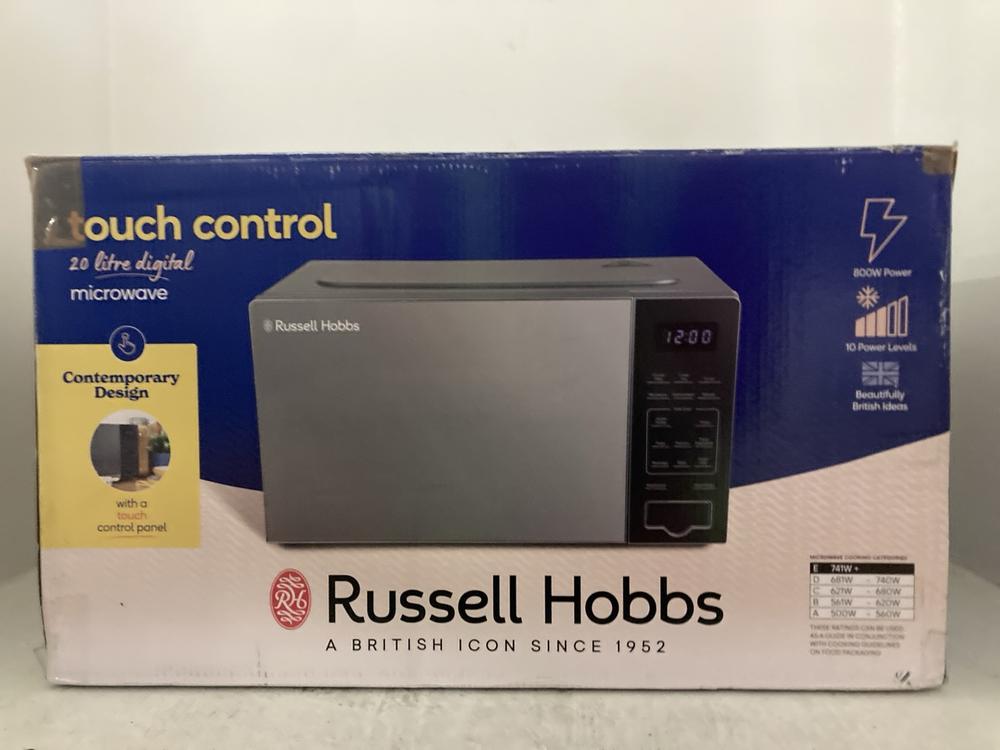 Lot 335  
            Chesterfield SR47 - Parcel Delivery Only 

                
RUSSELL HOBBS 20L 800W MICROWAVE OVEN - MODEL NO. RHMT2005S-M (LOCATION: A12)