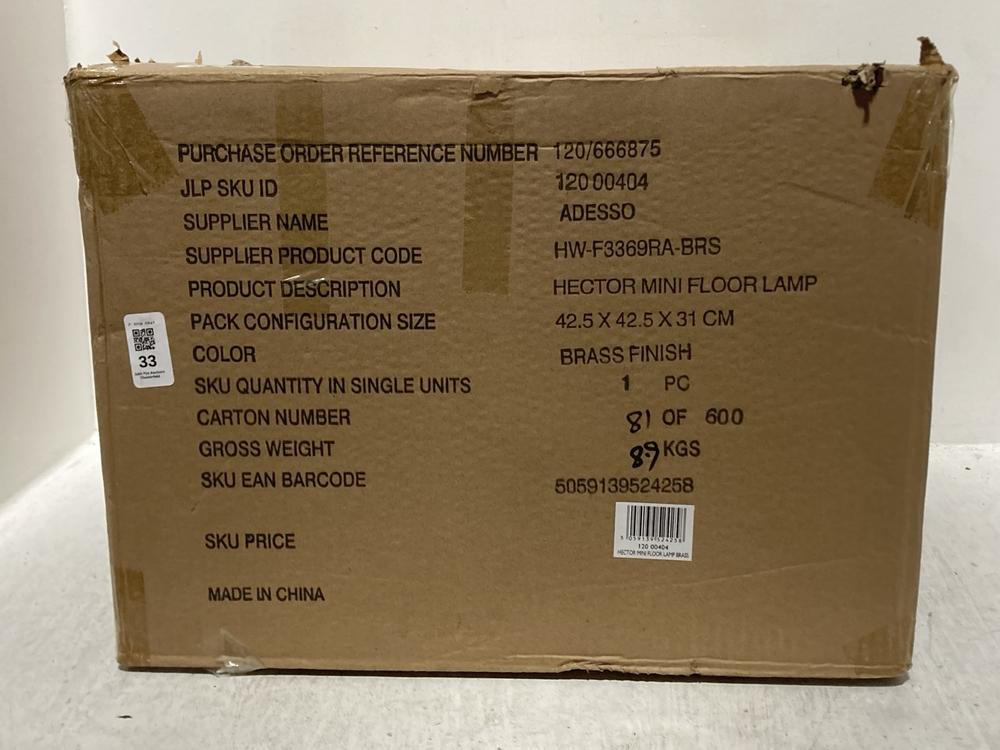 Lot 33  
            Chesterfield SR47 - Parcel Delivery Only 

                
JOHN LEWIS HECTOR MINI FLOOR LAMP - 12000404 (LOCATION: D8)