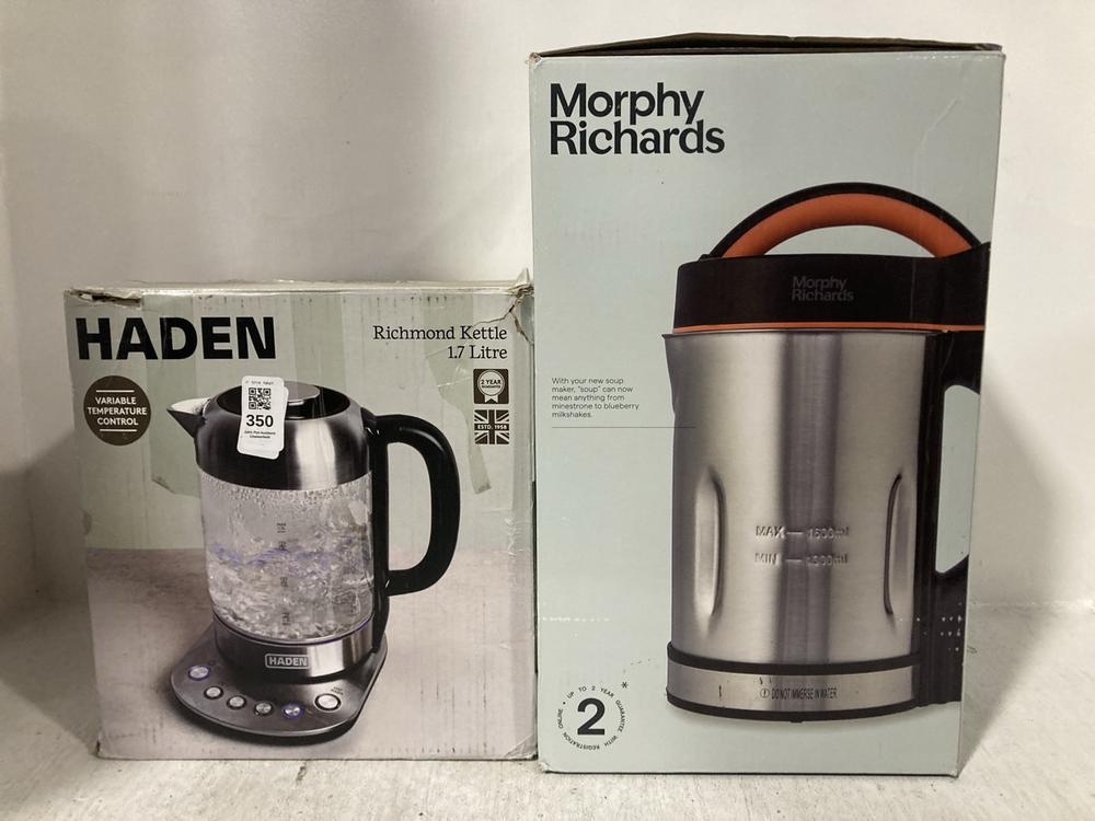 Lot 350  
            Chesterfield SR47 - Parcel Delivery Only 

                
MORPHY RICHARDS 1.6L CLASSIC SOUP MAKER TO INCLUDE HADEN 1.7L RICHMOND KETTLE (LO...