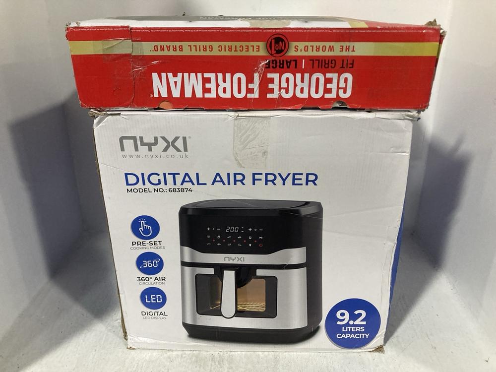 Lot 361  
            Chesterfield SR47 - Parcel Delivery Only 

                
NYXI 9.2L DIGITAL AIR FRYER TO INCLUDE GEORGE FOREMAN LARGE FIT GRILL (LOCATION: B1)