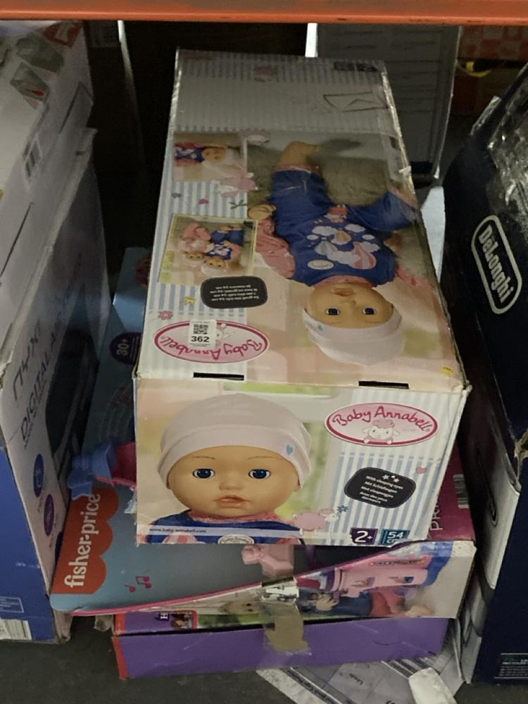Lot 362  
            Chesterfield SR47 - Parcel Delivery Only 

                
3 X ASSORTED CHILDRENS TOYS TO INCLUDE BABY ANNABELL 54CM DOLL WITH SLEEPING EYES...