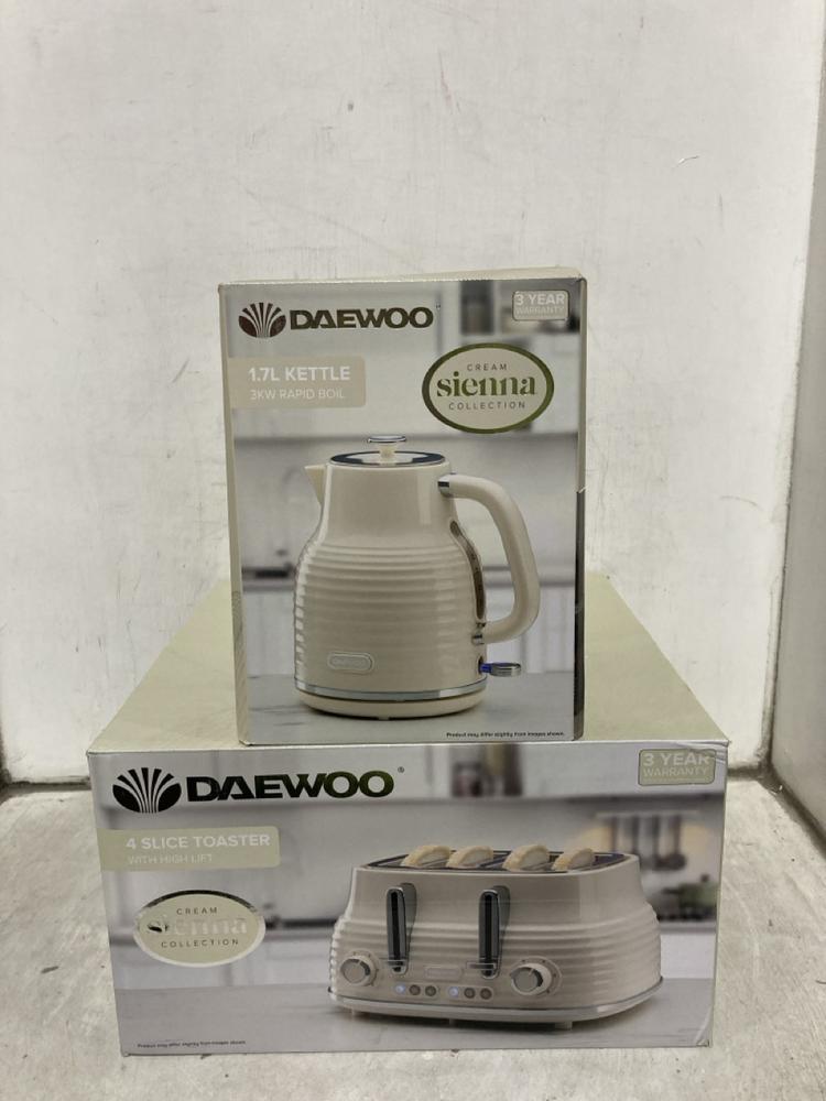 Lot 381  
            Chesterfield SR47 - Parcel Delivery Only 

                
DAEWOO SIENNA FOUR SLICE TOASTER TO INCLUDE DAEWOO SIENNA 1.7L KETTLE (LOCATION: B2)