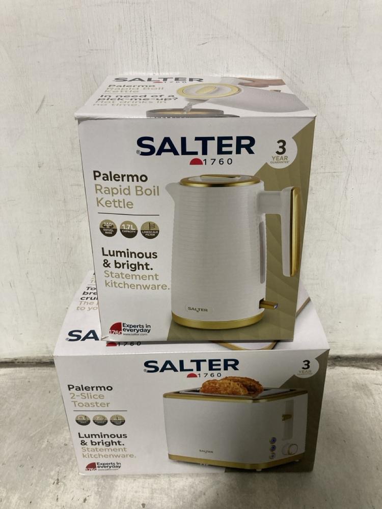 Lot 382  
            Chesterfield SR47 - Parcel Delivery Only 

                
SALTER PALERMO TWO SLICE TOASTER TO INCLUDE SALTER PALERMO RAPID BOIL KETTLE (LOC...