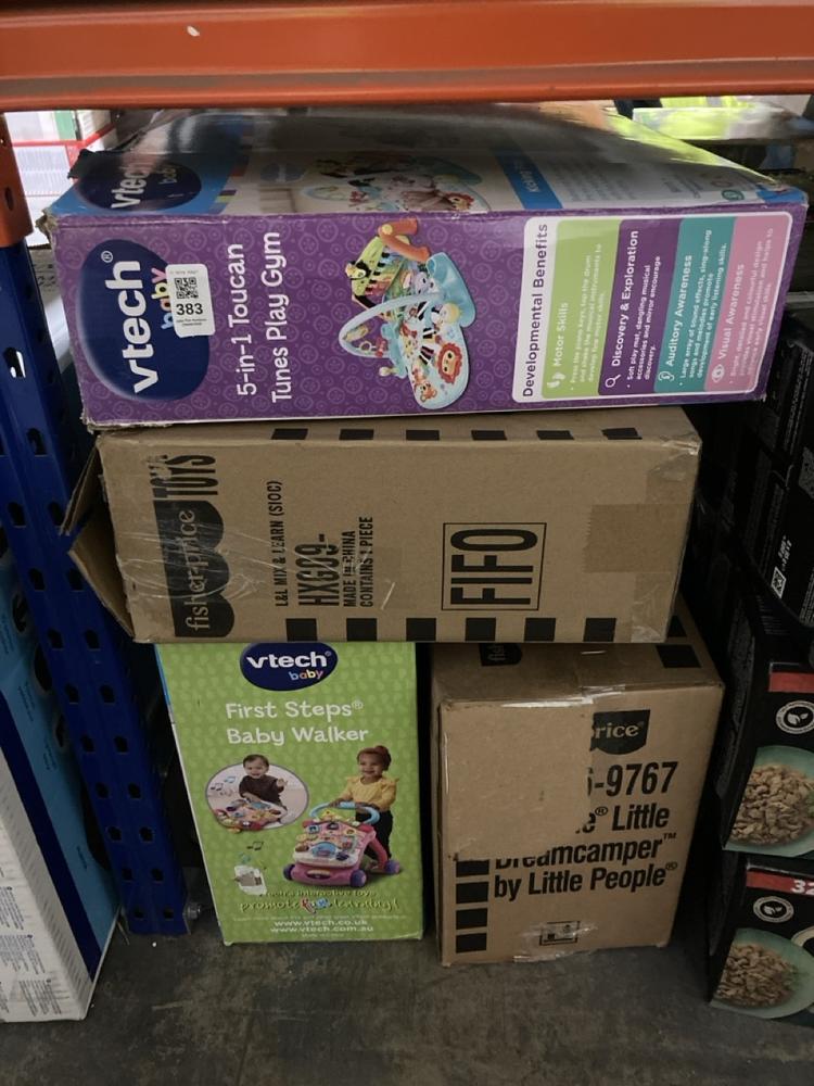 Lot 383  
            Chesterfield SR47 - Parcel Delivery Only 

                
4 X ASSORTED CHILDRENS TOYS TO INCLUDE FISHER PRICE MIX AND LEARN (LOCATION: B2)