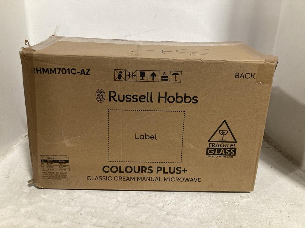 Lot 393  
            Chesterfield SR47 - Parcel Delivery Only 

                
RUSSELL HOBBS COLOURS PLUS CLASSIC CREAM MANUAL MICROWAVE. (LOCATION: B3)