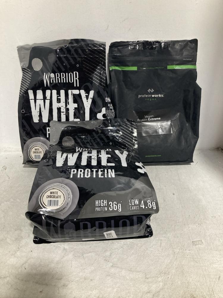 Lot 397  
            Chesterfield SR47 - Parcel Delivery Only 

                
3 X ASSORTED PROTEIN ITEMS TO INCLUDE WARRIOR WHEY WHITE CHOCOLATE 36G PROTEIN 2K...