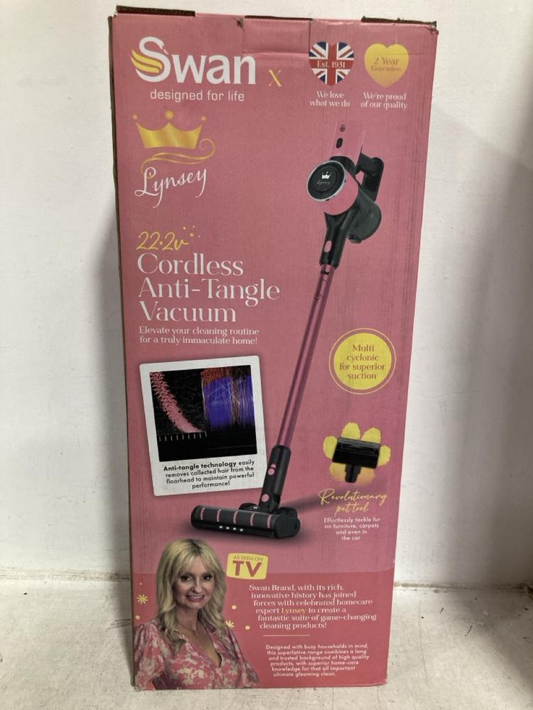 Lot 411  
            Chesterfield SR47 - Parcel Delivery Only 

                
SWAN X LYNSEY CORDLESS ANTI TANGLE VACUUM CLEANER (LOCATION: B3)