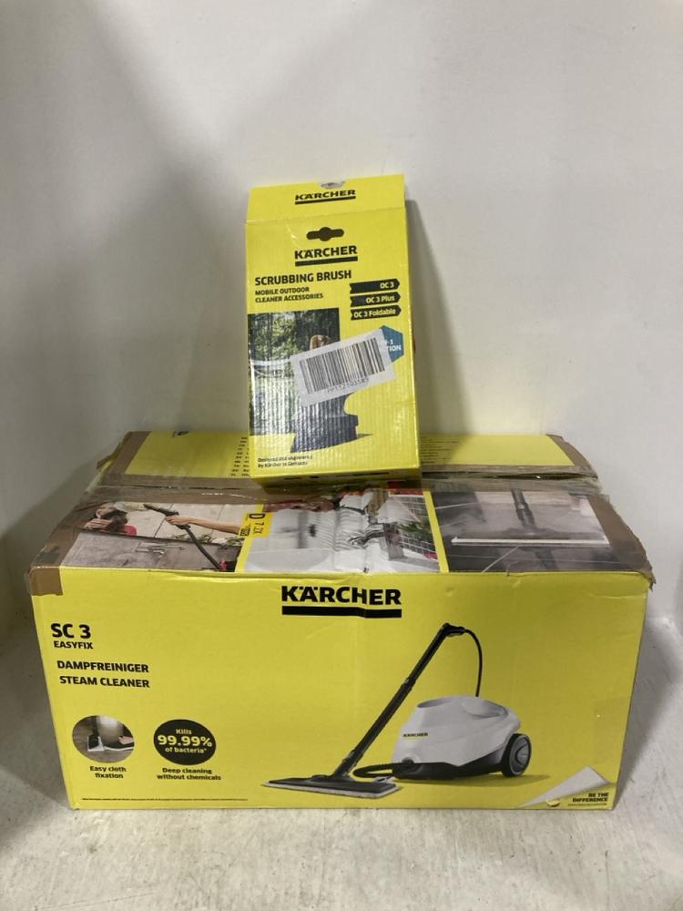 Lot 413  
            Chesterfield SR47 - Parcel Delivery Only 

                
KARCHER SC3 EASYFIX STEAM CLEANER TO INCLUDE KARCHER OC3 SCRUBBING BRUSH (LOCATIO...