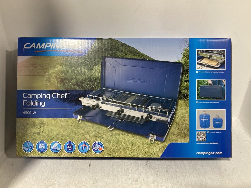 Lot 458  
            Chesterfield SR47 - Parcel Delivery Only 

                
CAMPINGAZ 4500W FOLDING CAMPING CHEF GAS STOVE (LOCATION: B6)