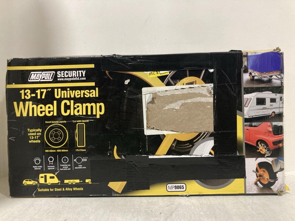 Lot 466  
            Chesterfield SR47 - Parcel Delivery Only 

                
MAYPOLE 13-17" UNIVERSAL WHEEL CLAMP (LOCATION: B6)