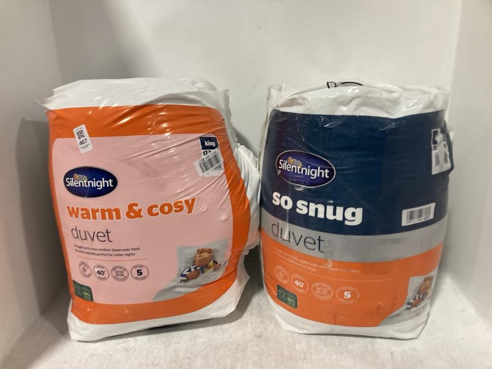 Lot 467  
            Chesterfield SR47 - Parcel Delivery Only 

                
SILENTNIGHT 13.5 TOG KING WARM AND COSY DUVET TO INCLUDE SILENTNIGHT 15 TOG KING ...