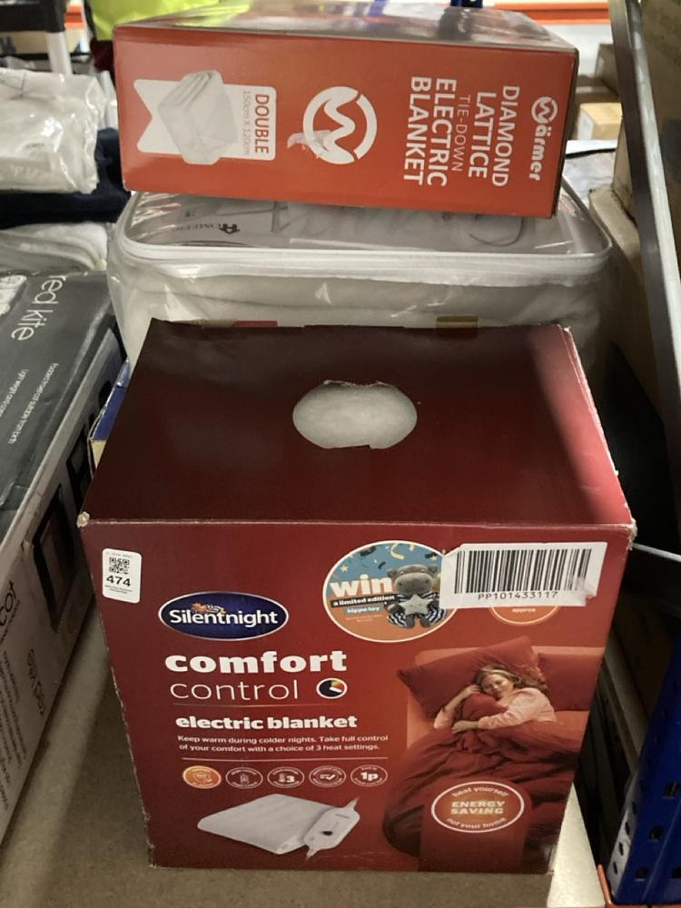 Lot 474  
            Chesterfield SR47 - Parcel Delivery Only 

                
4 X ASSORTED ELECTRIC BLANKETS TO INCLUDE SILENTNIGHT COMFORT CONTROL SUPER KING ...