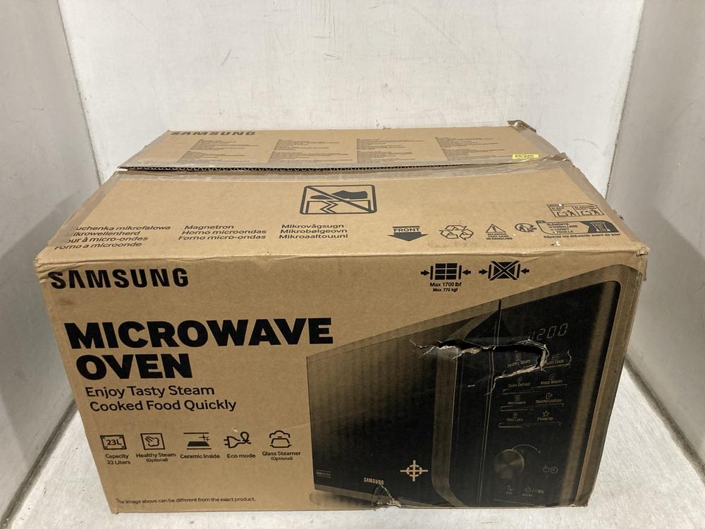 Lot 489  
            Chesterfield SR47 - Parcel Delivery Only 

                
SAMSUNG 23L 800W MICROWAVE OVEN - MODEL NO. MS23K3523AS ORIGINAL RRP £119 (LOCATI...