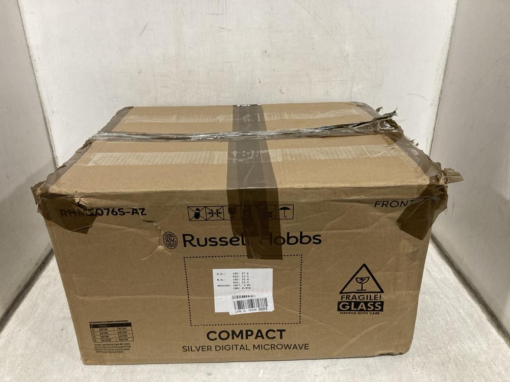 Lot 492  
            Chesterfield SR47 - Parcel Delivery Only 

                
RUSSELL HOBBS 20L 800W MICROWAVE OVEN - MODEL NO. RHM2076S-AZ (LOCATION: B7)