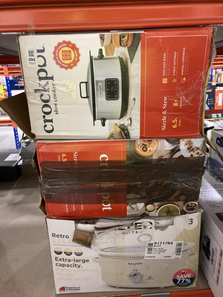 Lot 494  
            Chesterfield SR47 - Parcel Delivery Only 

                
3 X ASSORTED SLOW COOKERS TO INCLUDE CROCK POT SIZZLE AND STEW 6.5L SLOW COOKER (...
